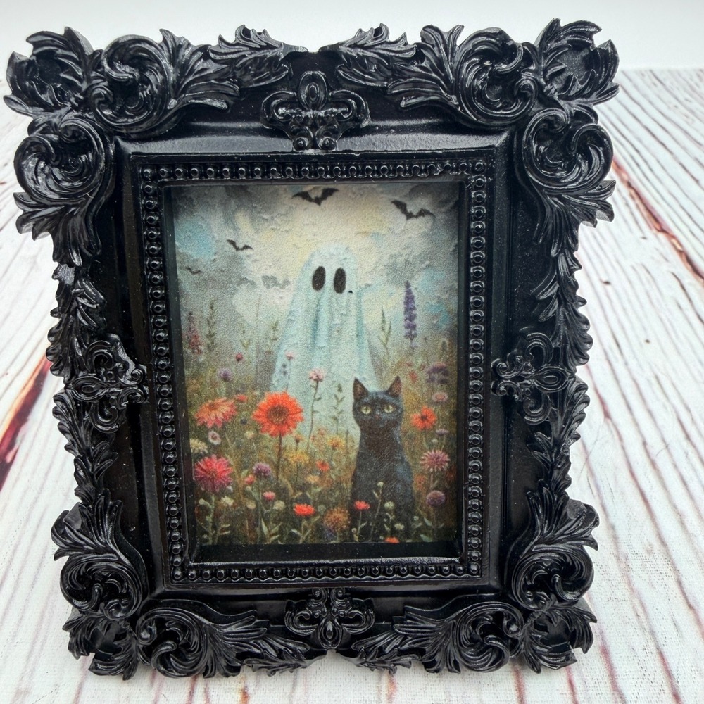 Gothic Ghost and Black Cat Miniature Framed Art Ornate Black Resin Frame